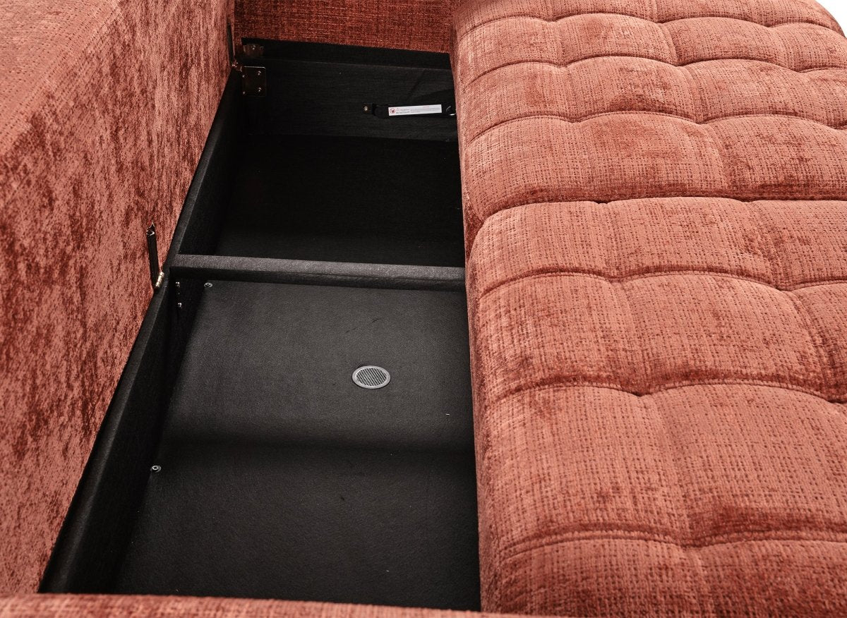 Canapé convertible avec coffre 3 places en velours chiné terracotta RALYA