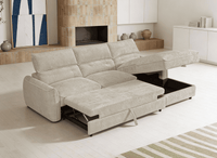 Canapé d'angle convertible avec coffre de rangement en velours chiné beige SAMINA - Angle droit