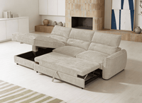 Canapé d'angle convertible avec coffre de rangement en velours chiné beige SAMINA - Angle gauche