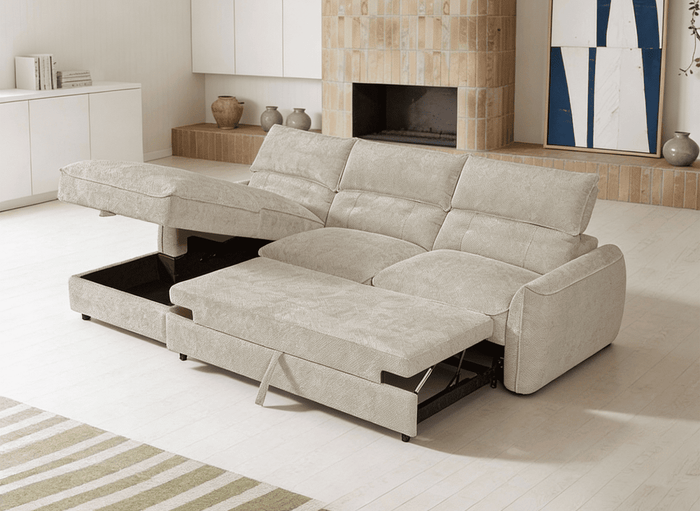 Canapé d'angle convertible avec coffre de rangement en velours chiné beige SAMINA - Angle gauche