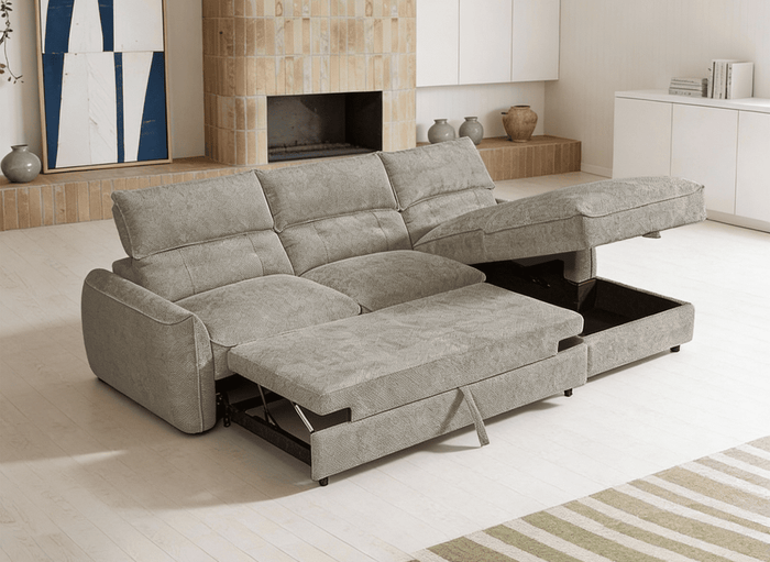 Canapé d'angle convertible avec coffre de rangement en velours chiné taupe SAMINA - Angle droit