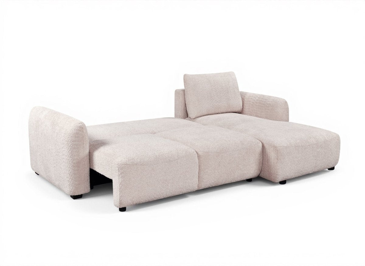 Canapé d'angle convertible avec coffre en tissu bouclette beige MARLA - Angle droit
