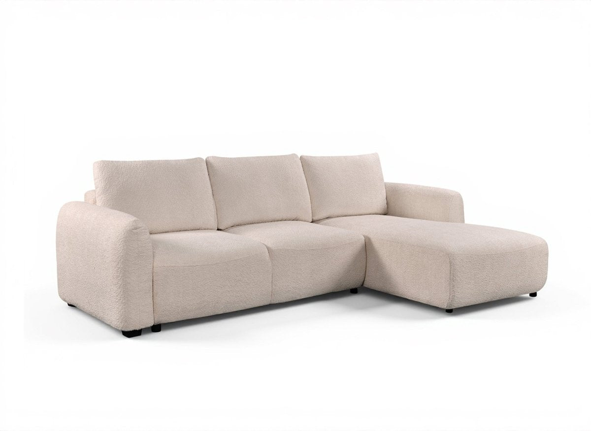 Canapé d'angle convertible avec coffre en tissu bouclette beige MARLA - Angle droit