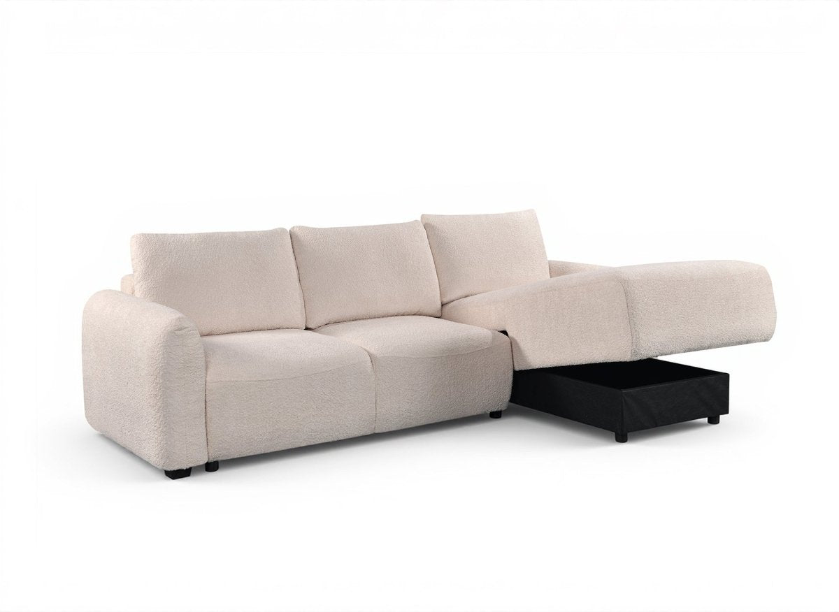 Canapé d'angle convertible avec coffre en tissu bouclette beige MARLA - Angle droit