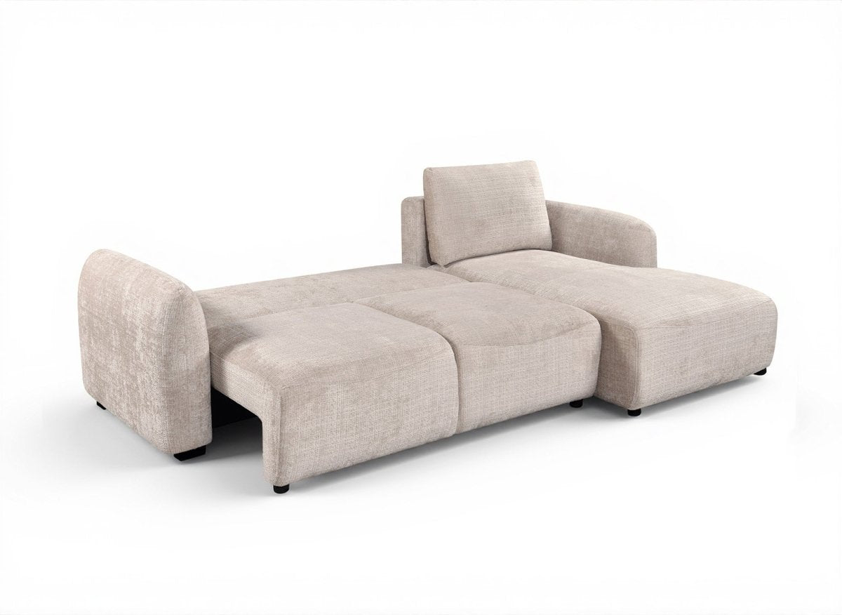 Canapé d'angle convertible avec coffre en velours chiné beige MARLA - Angle droit
