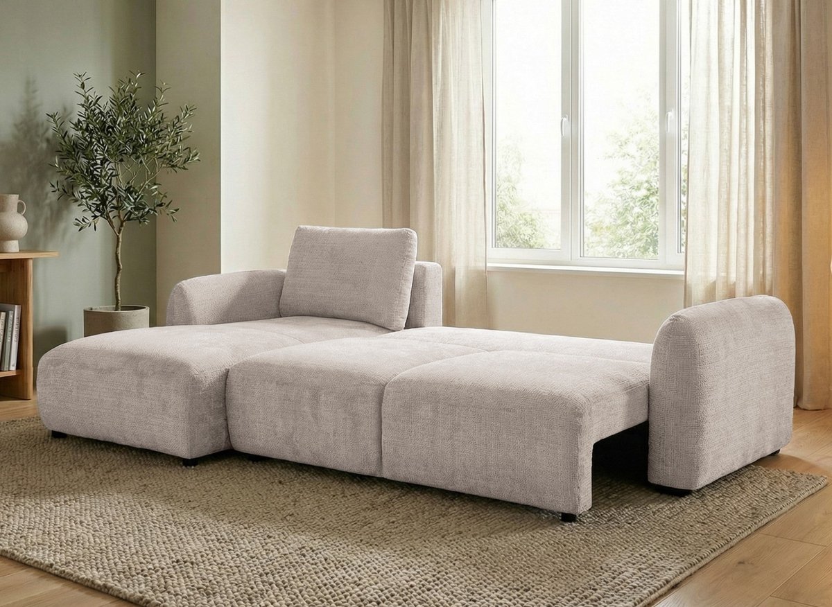 Canapé d'angle convertible avec coffre en velours chiné beige MARLA - Angle gauche