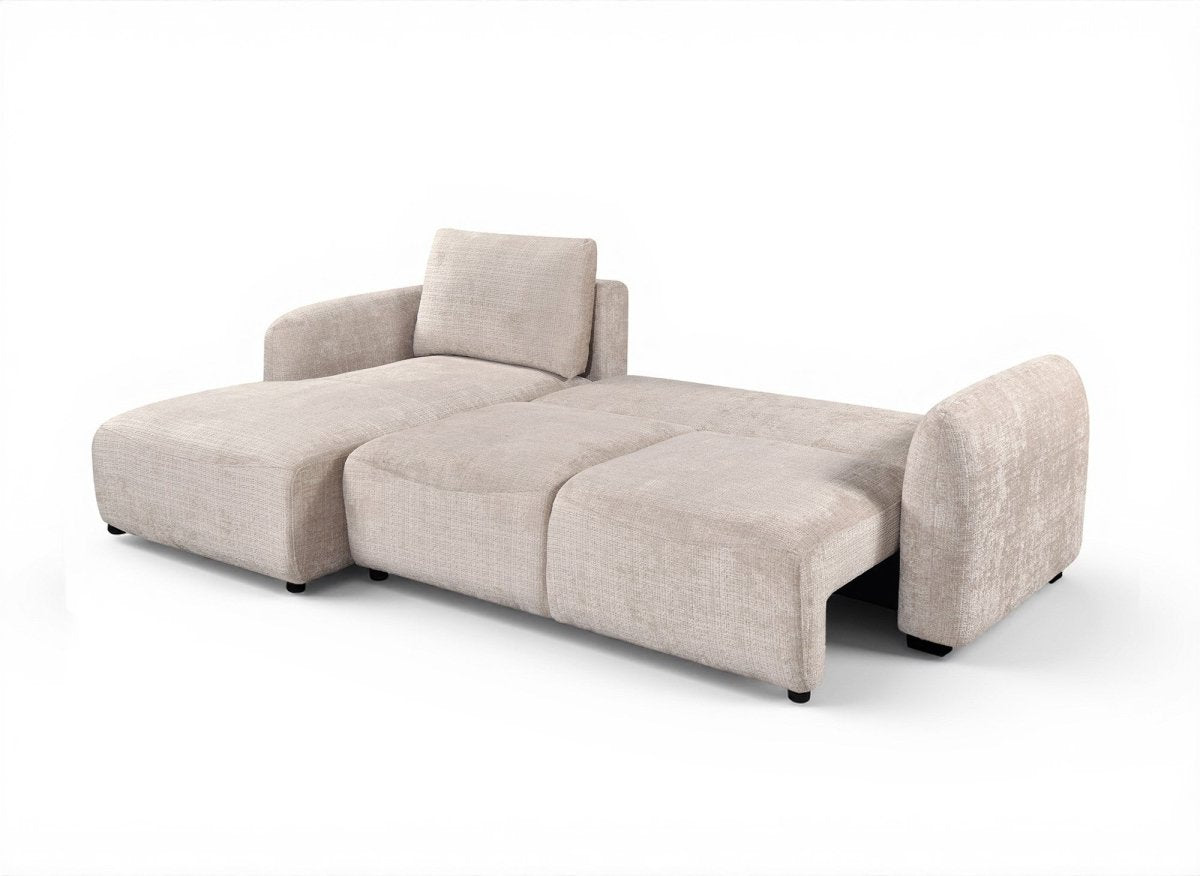 Canapé d'angle convertible avec coffre en velours chiné beige MARLA - Angle gauche