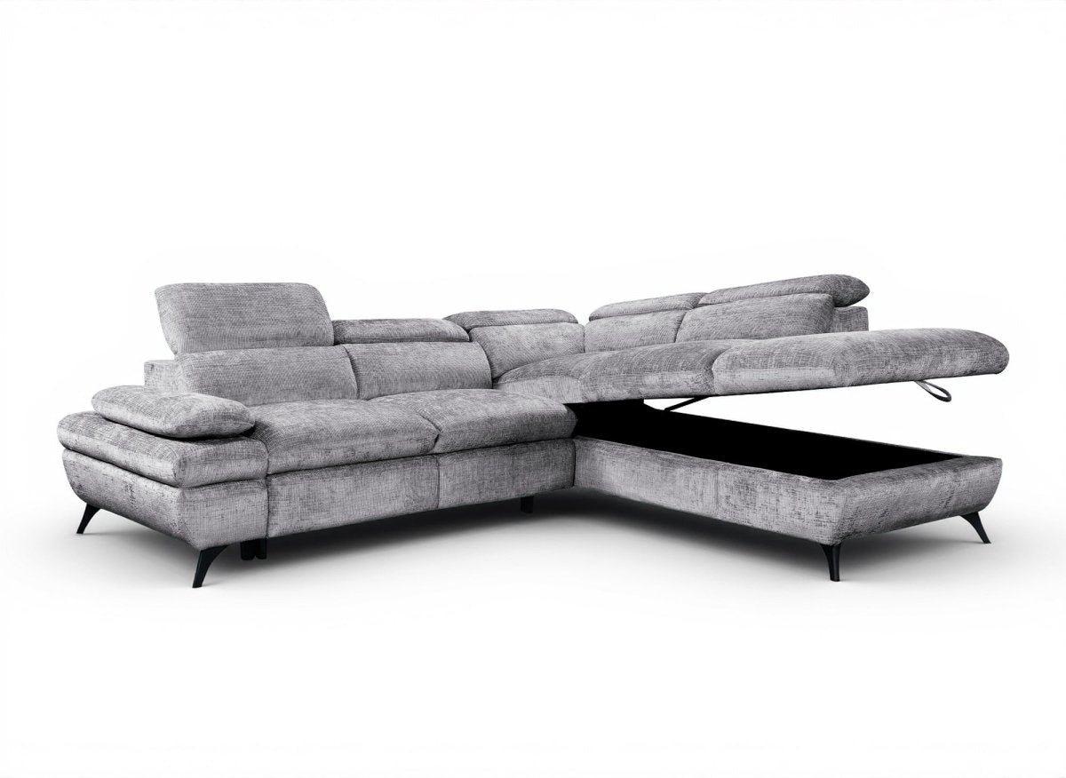 Canapé d'angle convertible avec coffre en velours chiné gris LUFY - Angle droit