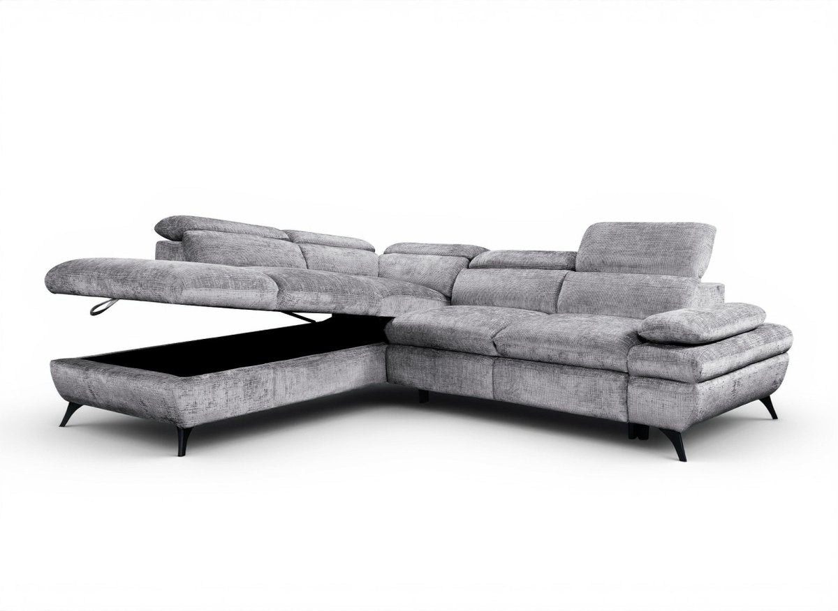 Canapé d'angle convertible avec coffre en velours chiné gris LUFY - Angle gauche