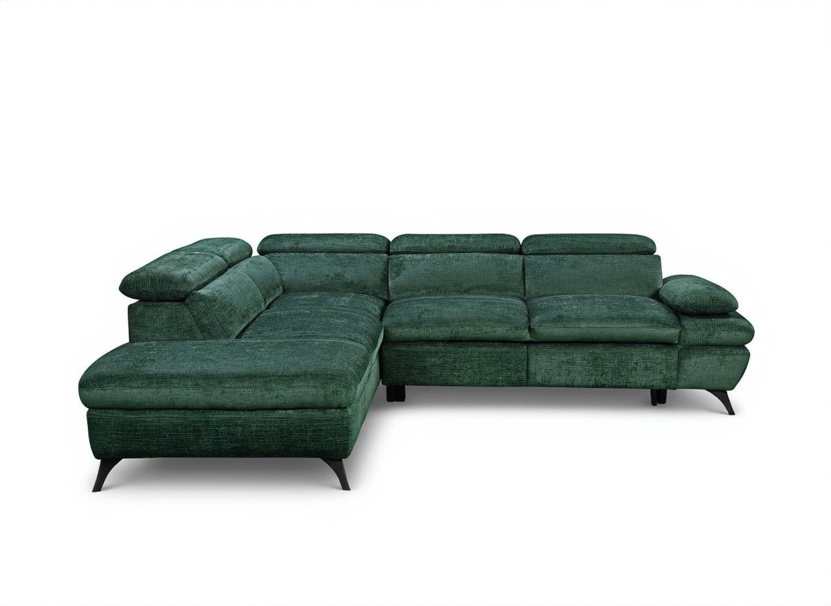 Canapé d'angle convertible avec coffre en velours chiné vert LUFY - Angle gauche