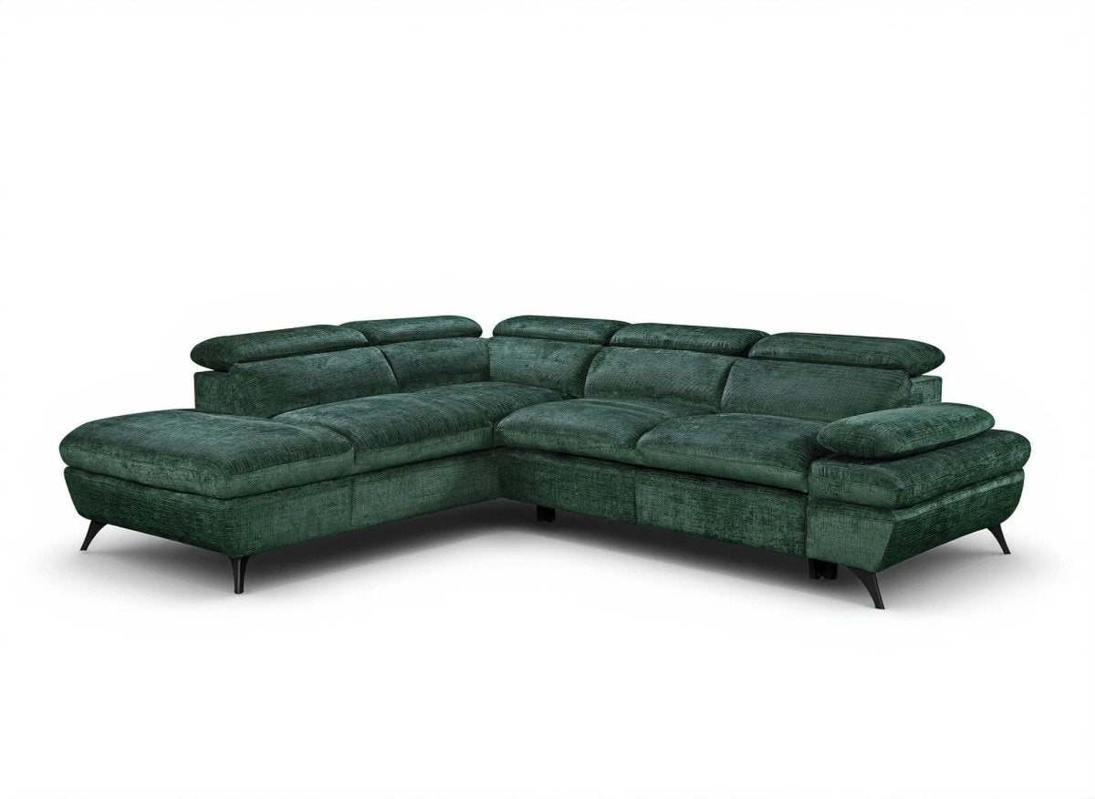 Canapé d'angle convertible avec coffre en velours chiné vert LUFY - Angle gauche