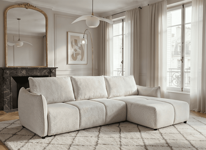 Canapé d'angle convertible et réversible en velours chiné beige  MYSA