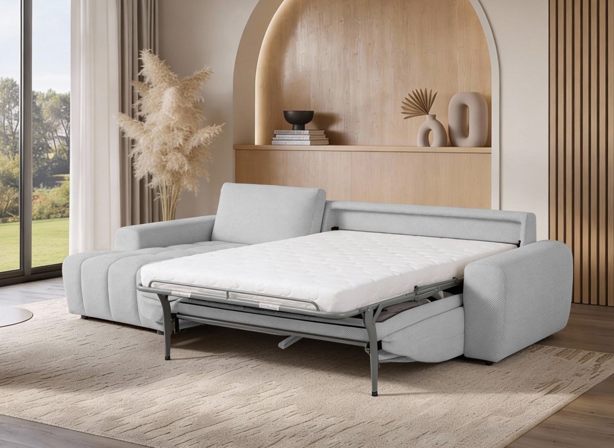 Canapé d'angle convertible ouverture express en tissu gris AGATHE - Angle gauche