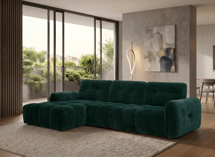 Canapé d'angle en velours tissé vert sapin avec dossier réglable ADONIS - Angle gauche