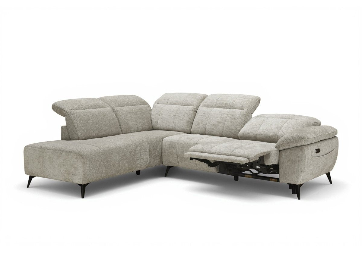 Canapé d'angle relax électrique en velours chiné beige SOLINA - Angle gauche