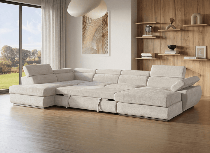 Canapé panoramique convertible avec coffre en velours chiné beige MARIANO- Angle droit