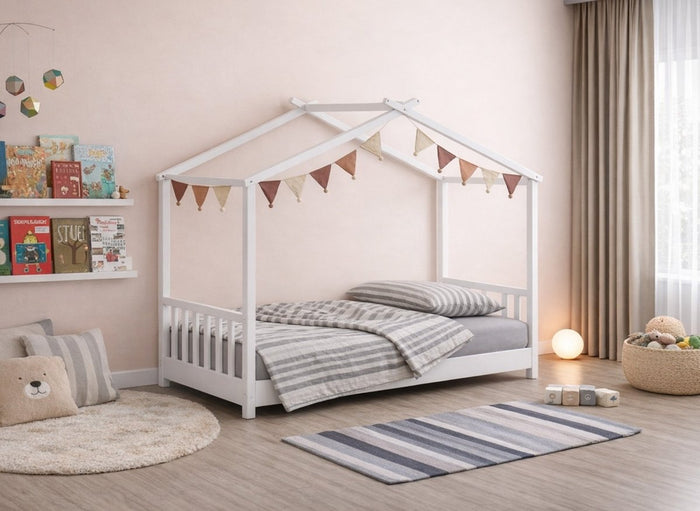 Lit cabane avec barreaux en bois blanc 90 x 190 cm NIDOU