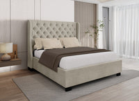Lit coffre capitonné en tissu lin beige FLORINE 160 x 200 cm