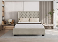 Lit coffre capitonné en tissu lin beige FLORINE 160 x 200 cm