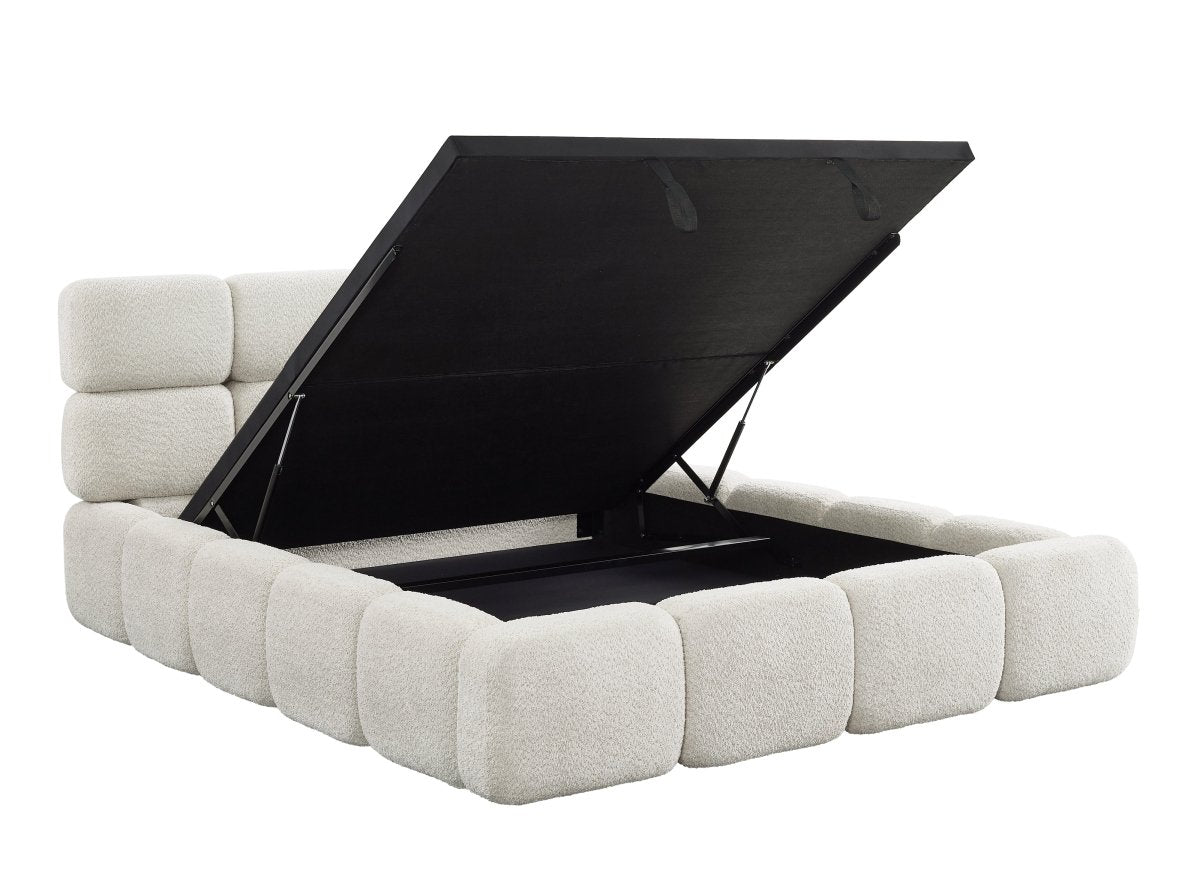 Lit coffre en tissu bouclette beige 160x200 cm BUBBLE