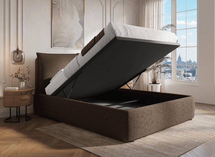 Lit coffre en tissu bouclette marron 180x200 cm MELY