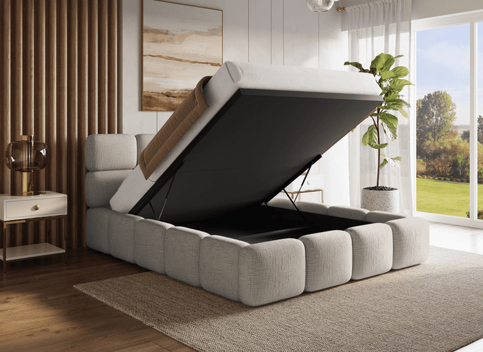 Lit coffre en velours chiné taupe 140x190 cm BUBBLE