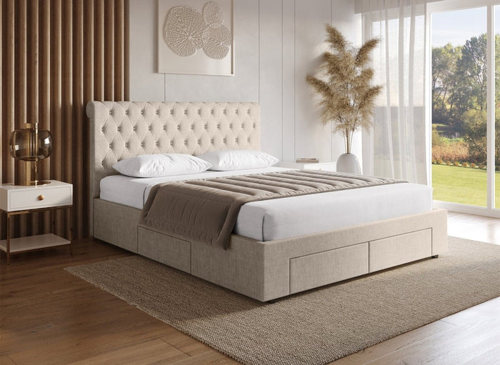 Lit double avec 4 tiroirs en lin beige 160x200 cm LEANDRE