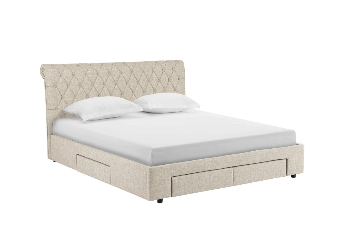 Lit double avec 4 tiroirs en lin beige 160x200 cm LEANDRE