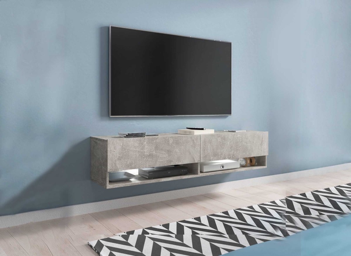 Meuble TV suspendu 2 portes 2 niches gris béton ROMANE XL - 140 cm