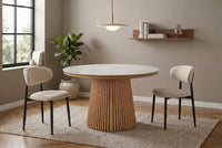 Table à manger ronde extensible en bois clair avec plateau en céramique blanc 120-200cm HEKA